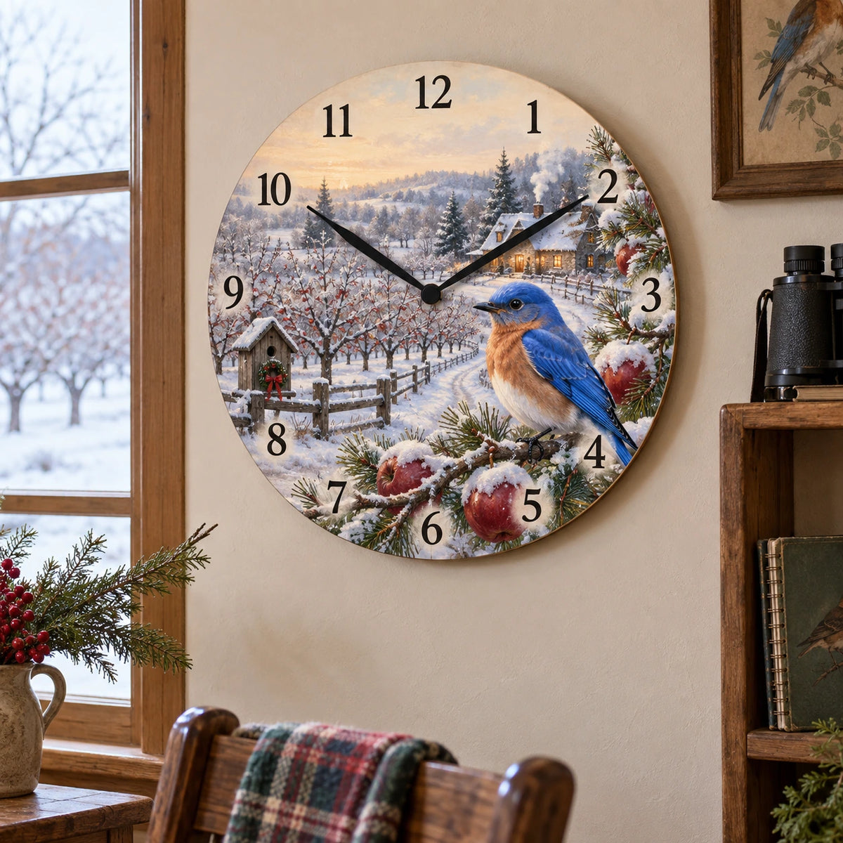 Christmas Bluebird Orchard Wooden Wall Clock with layered printed depth and niche-specific Christmas background