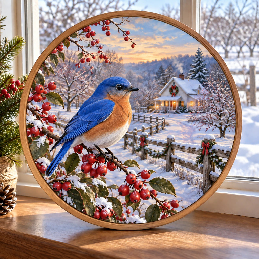 Christmas Bluebird Wood and Acrylic Suncatcher with layered printed depth and niche-specific Christmas background