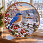 Christmas Bluebird Wood and Acrylic Suncatcher with layered printed depth and niche-specific Christmas background