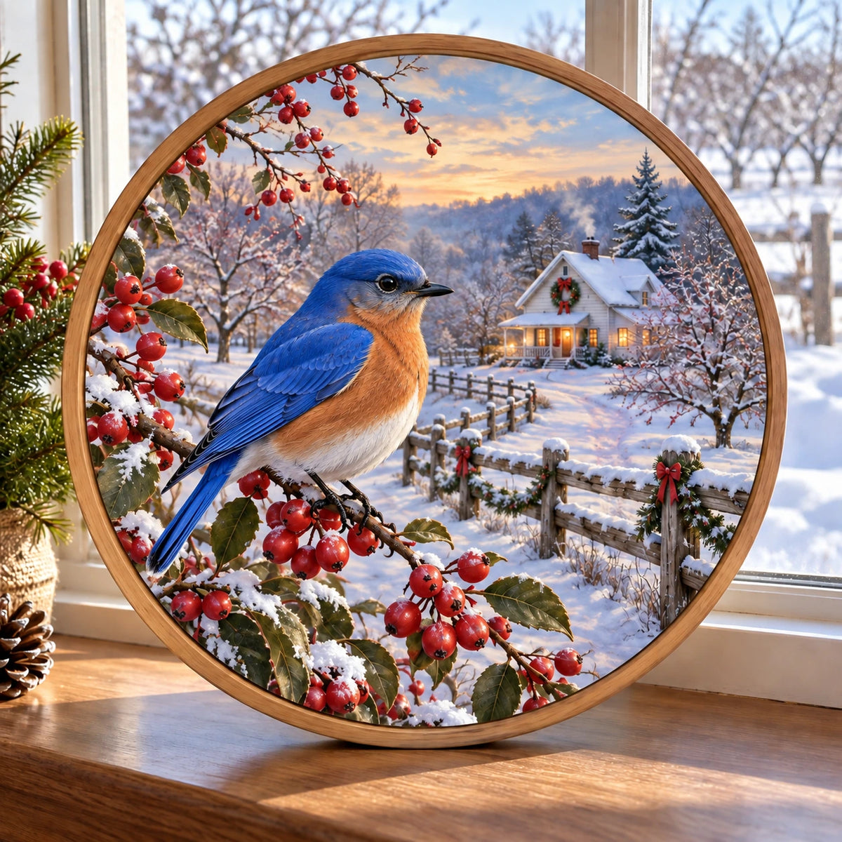 Christmas Bluebird Wood and Acrylic Suncatcher with layered printed depth and niche-specific Christmas background
