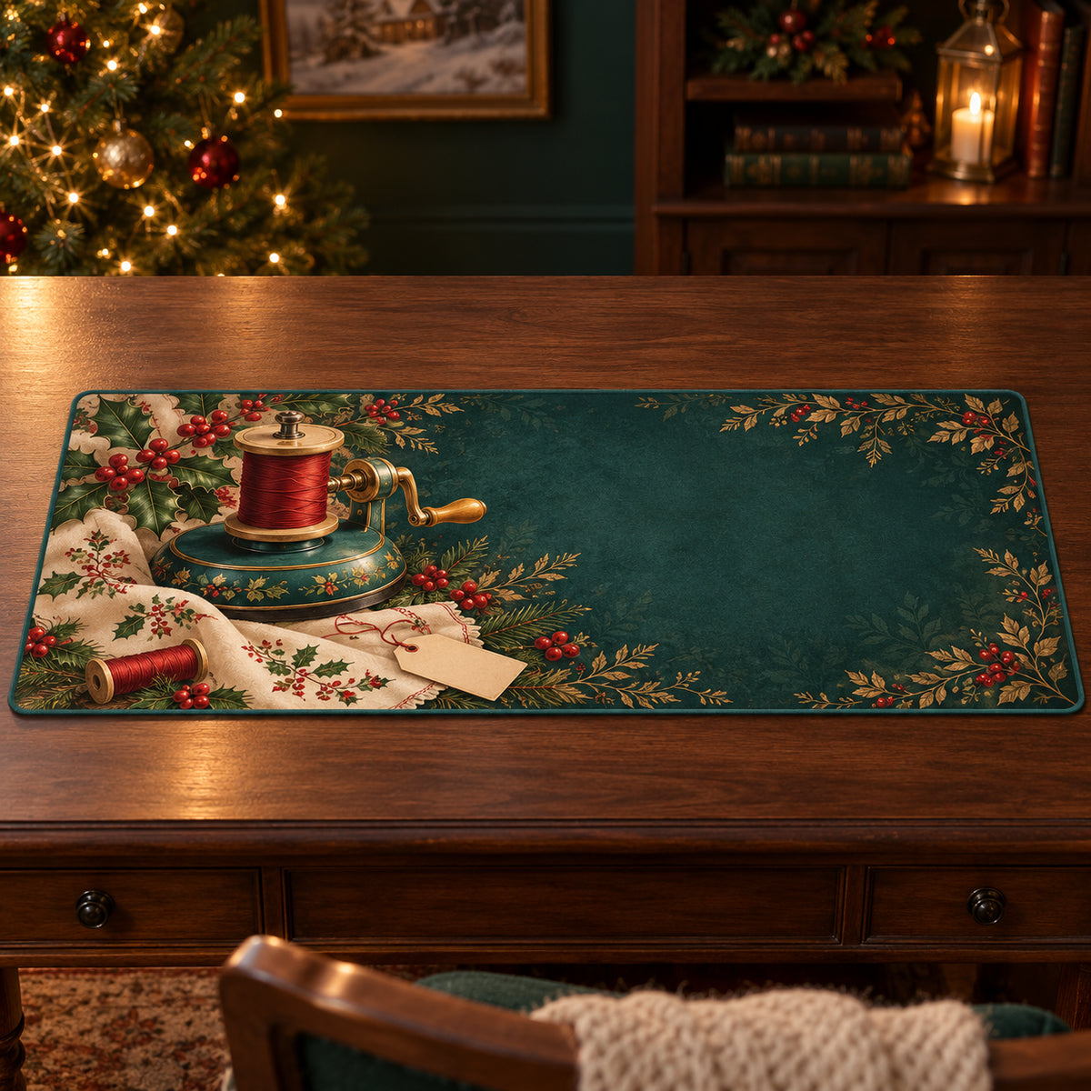 Christmas Bobbin Winder Family Craft Desk Mat flat printed mat in matching Christmas setting