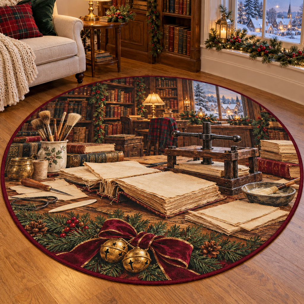 Book Restorer Workshop Christmas artwork and layered scenic details printed on a flat round mat rug; festive details and apparent relief are printed.