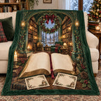 Christmas Bookplate Library Fleece Throw Blanket with layered printed depth and niche-specific Christmas background