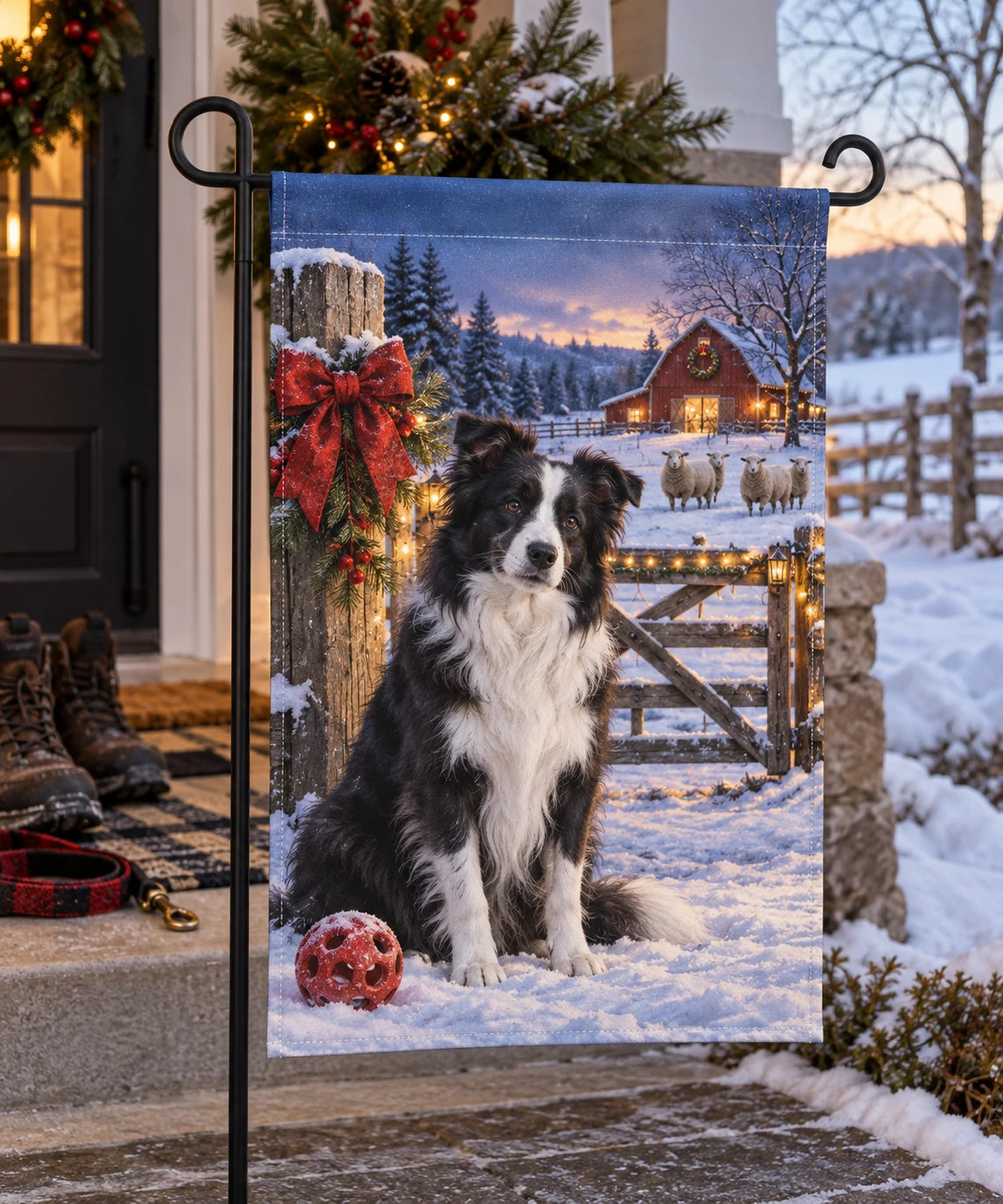 Christmas Border Collie Farm Garden Flag with layered printed depth and niche-specific Christmas background