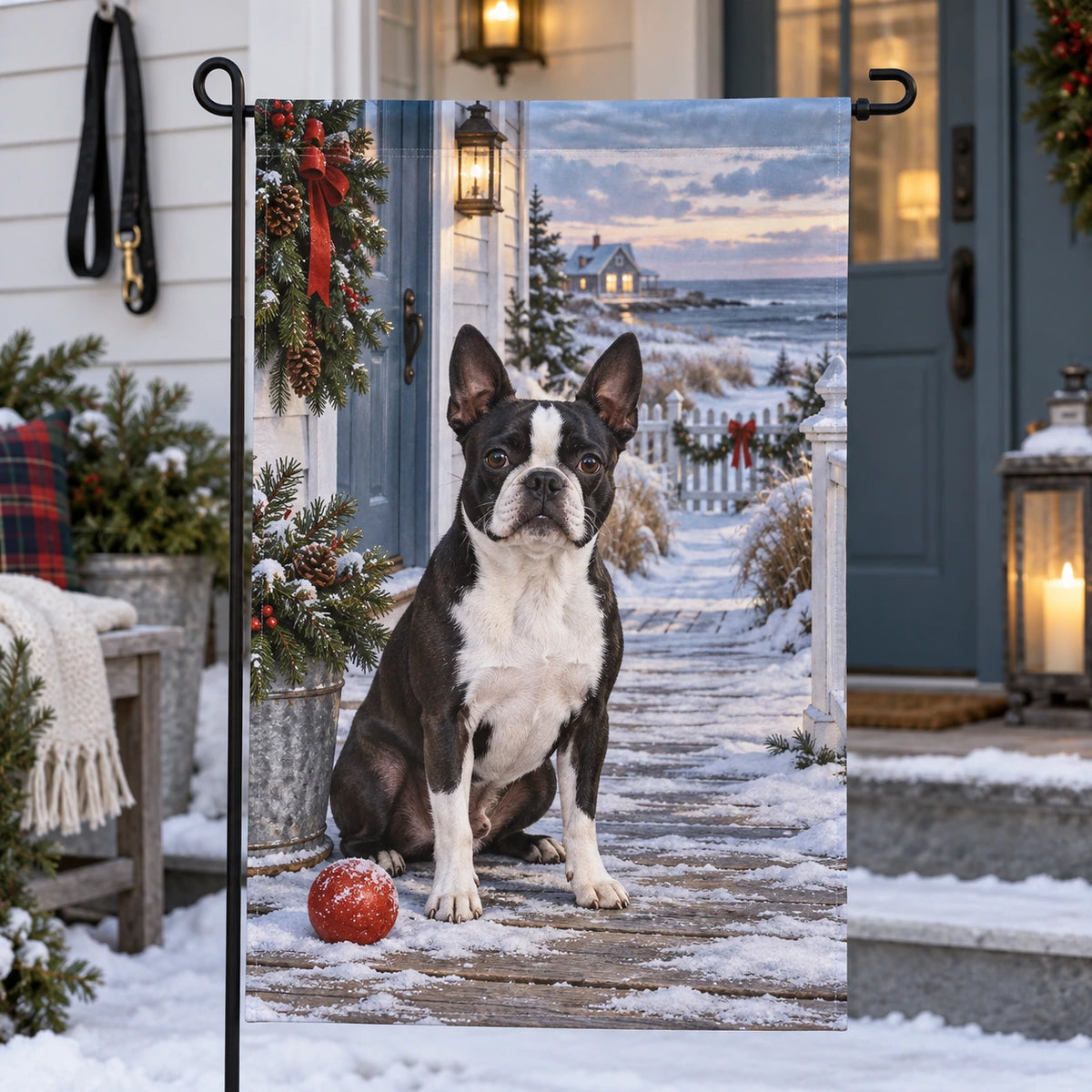 Christmas Boston Terrier Porch Garden Flag with layered printed depth and niche-specific Christmas background
