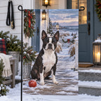 Christmas Boston Terrier Porch Garden Flag with layered printed depth and niche-specific Christmas background