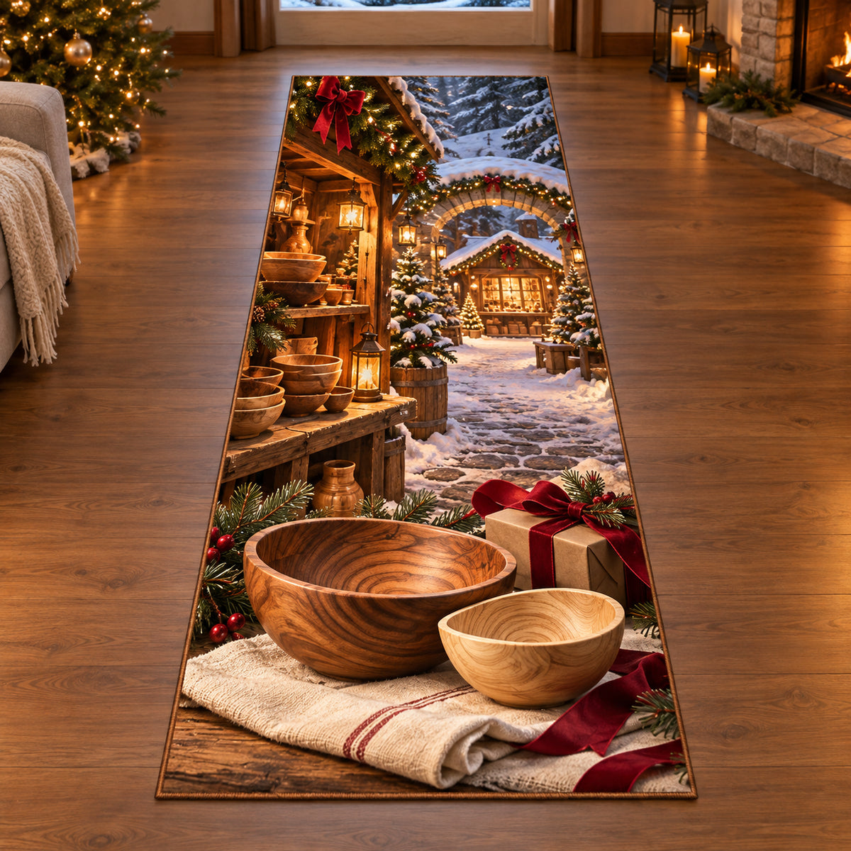 Christmas Bowl Maker Family Gift Runner Rug flat printed mat in matching Christmas setting