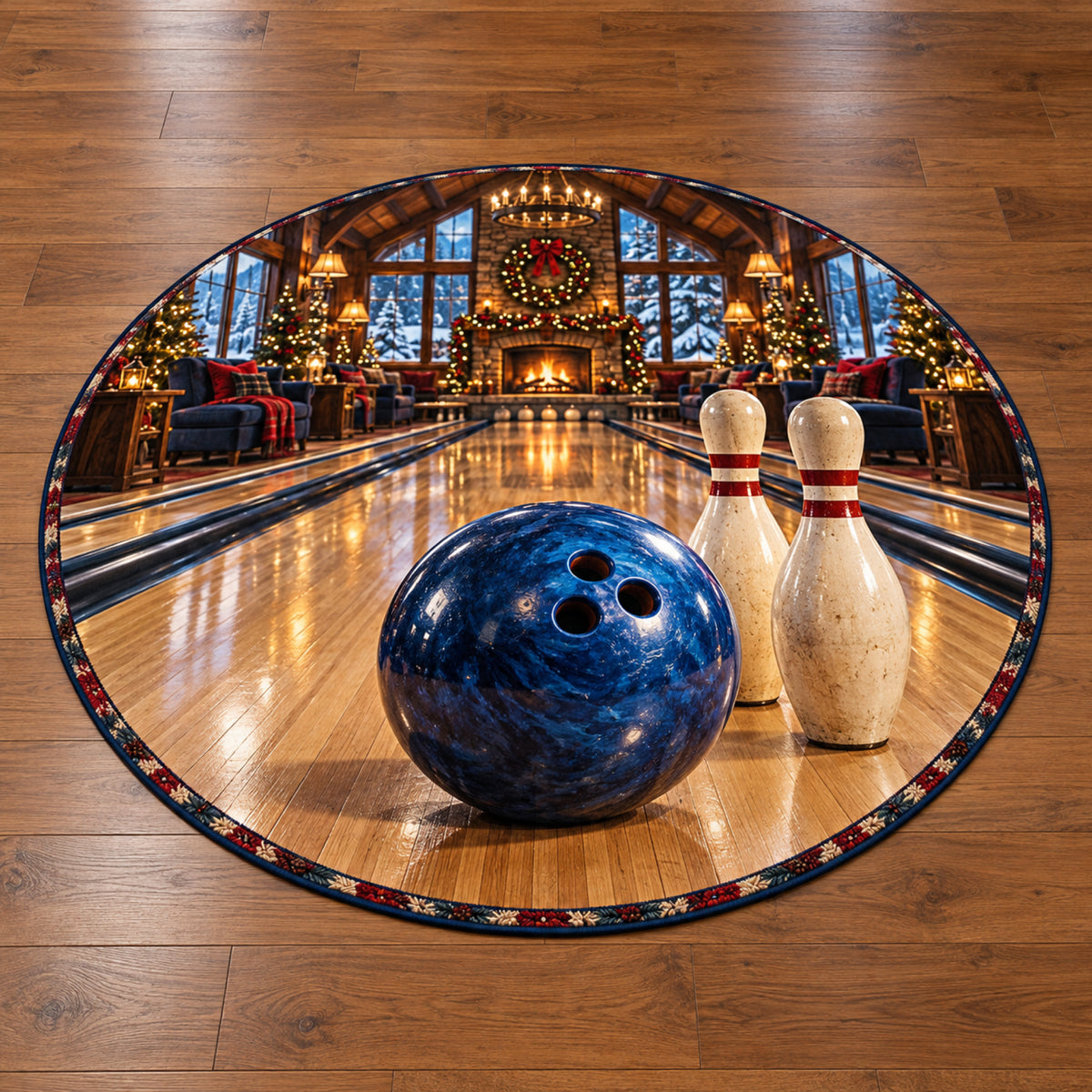 Christmas Bowling Lodge Round Mat Rug flat printed mat in matching Christmas setting
