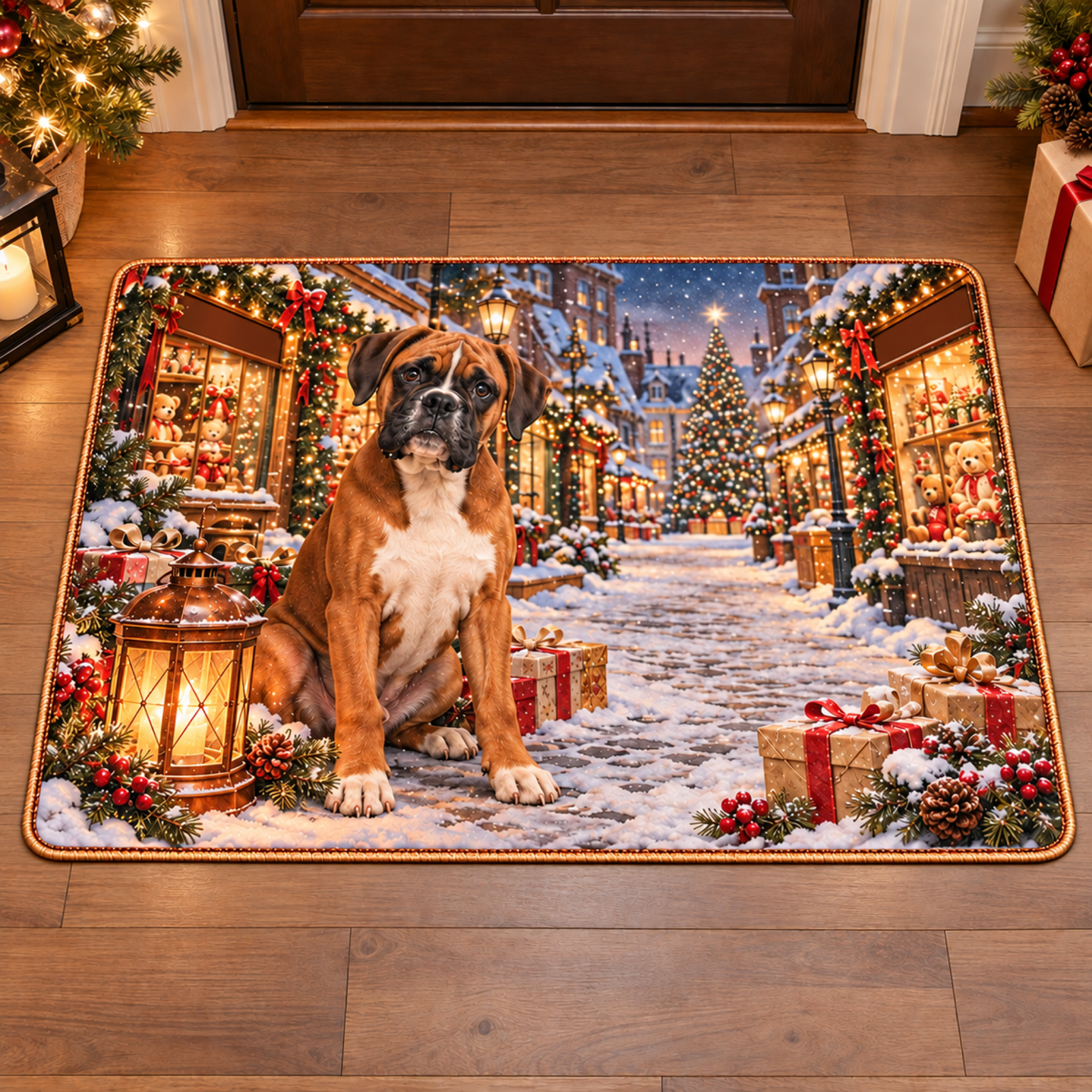 Christmas Boxer Copper Toyshop Doormat flat printed mat in matching Christmas setting