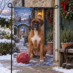 Christmas Boxer Stone Cottage Garden Flag with layered printed depth and niche-specific Christmas background