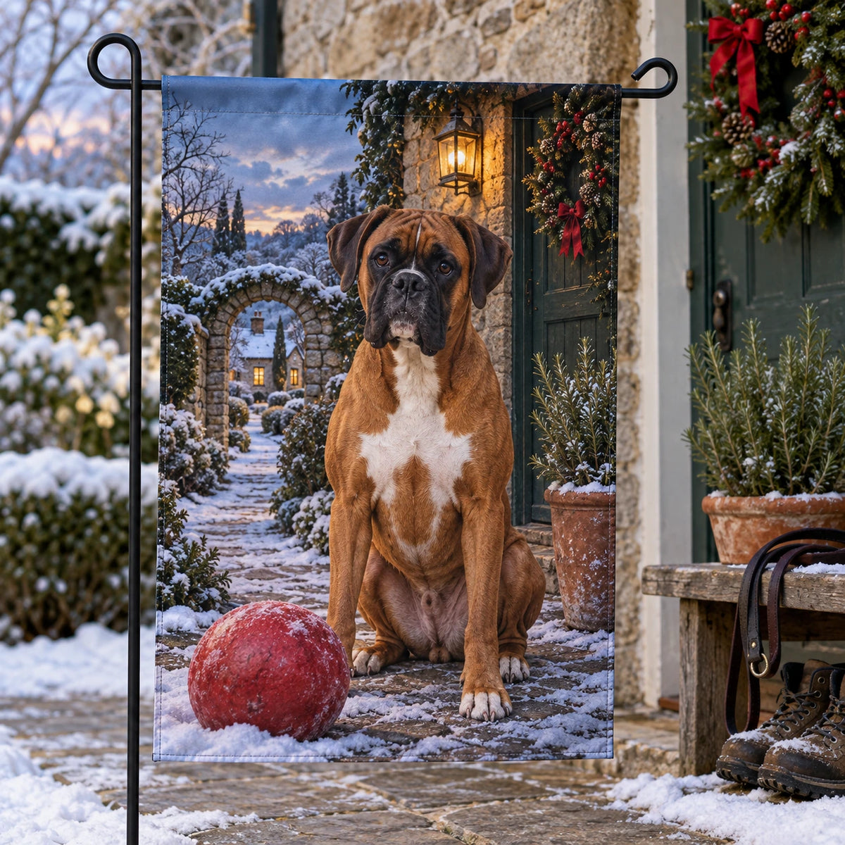 Christmas Boxer Stone Cottage Garden Flag with layered printed depth and niche-specific Christmas background