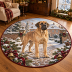 Broholmer Christmas artwork and layered scenic details printed on a flat round mat rug; festive details and apparent relief are printed.