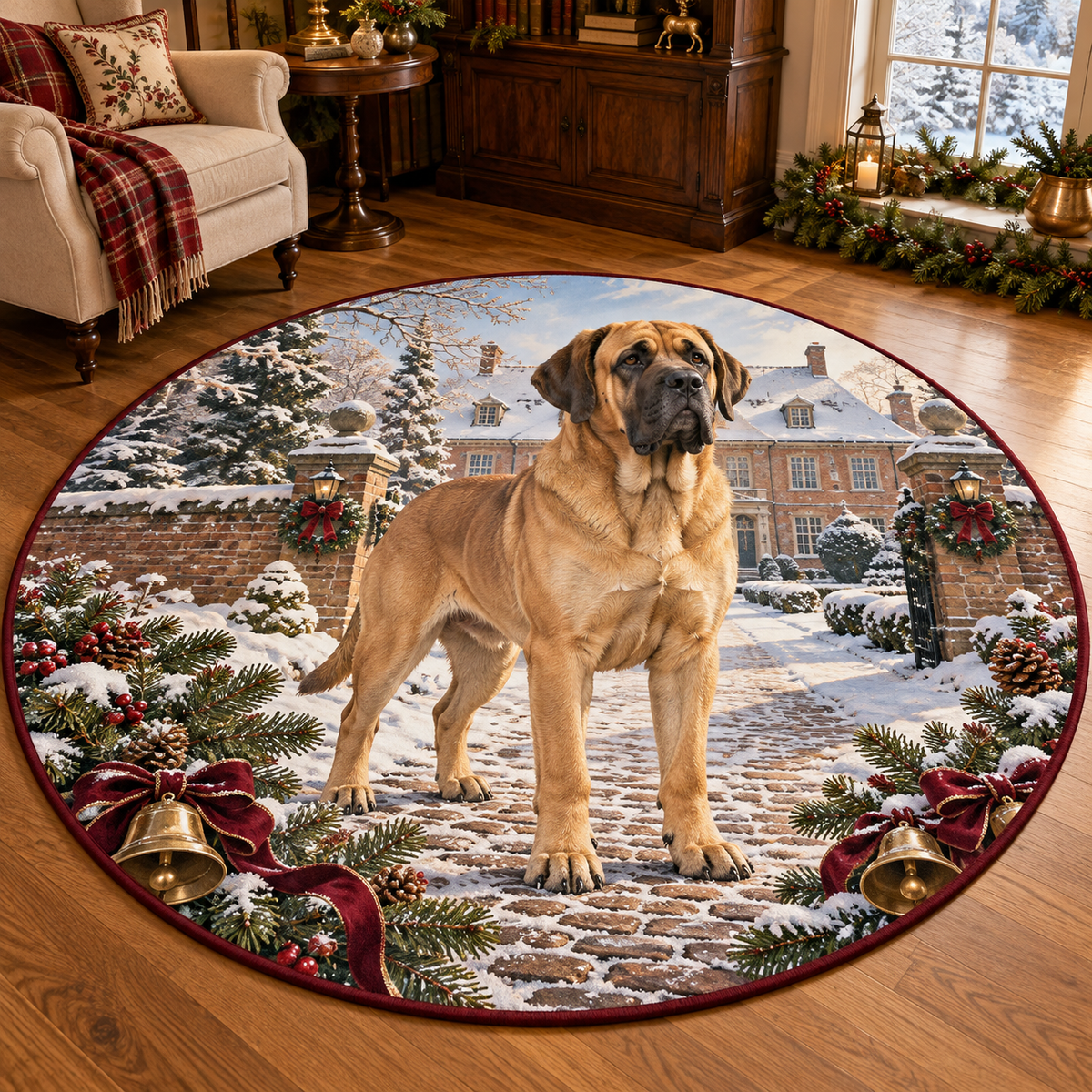 Broholmer Christmas artwork and layered scenic details printed on a flat round mat rug; festive details and apparent relief are printed.
