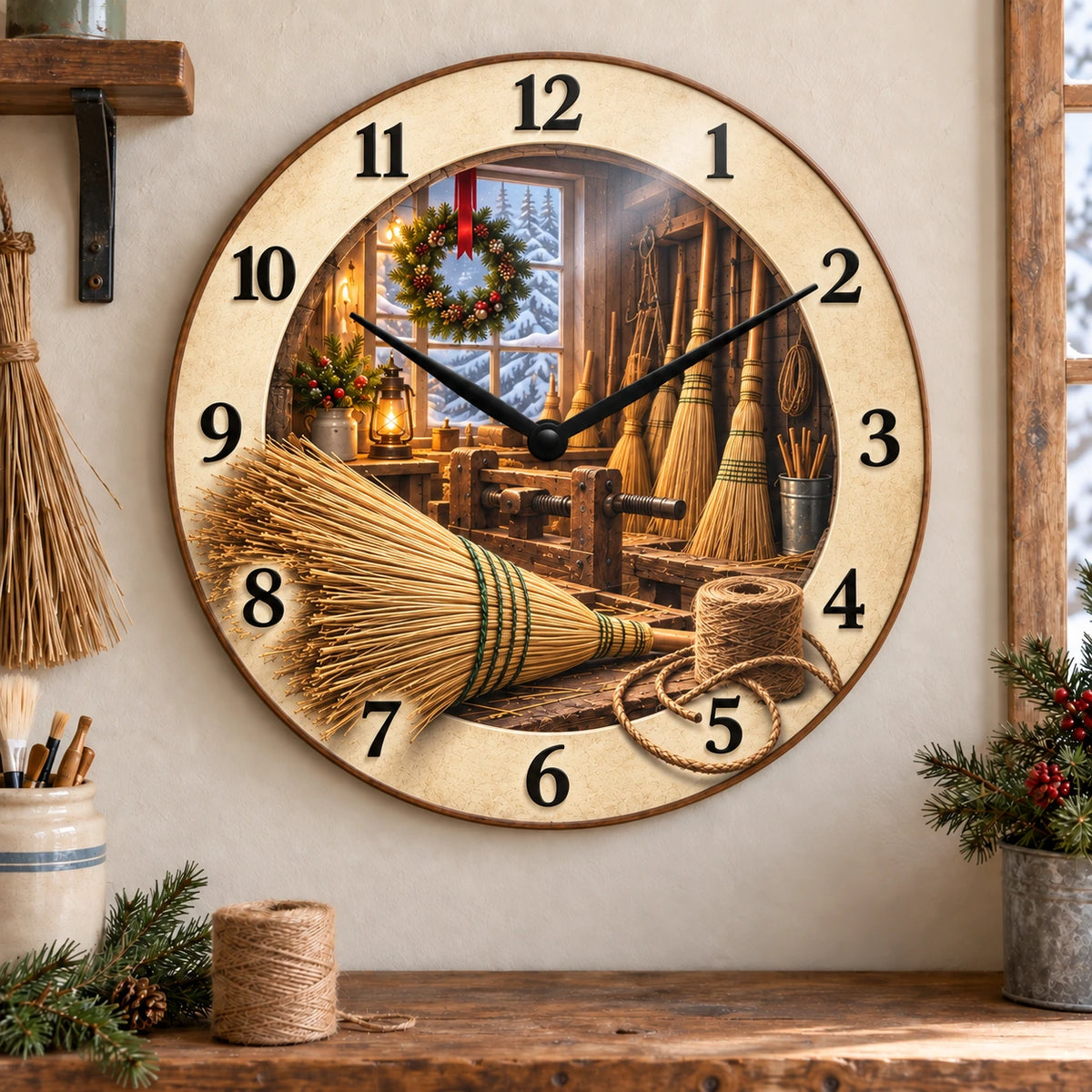 Christmas Broom Maker Wooden Wall Clock with layered printed depth and niche-specific Christmas background