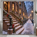 Christmas Brownstone Shower Curtain with layered printed depth and niche-specific Christmas background