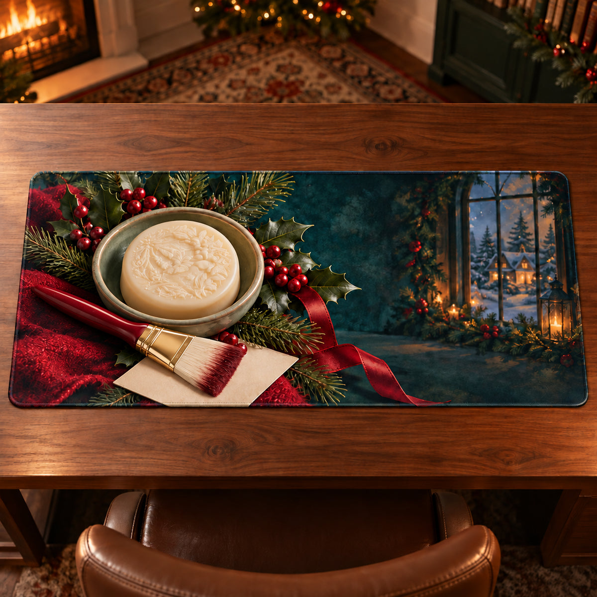 Christmas Brush Soap Family Art Desk Mat flat printed mat in matching Christmas setting