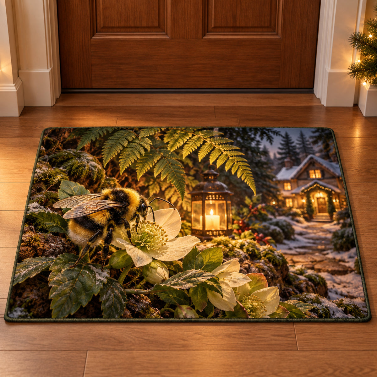 Christmas Bumblebee Leaf Refuge Doormat flat printed mat in matching Christmas setting