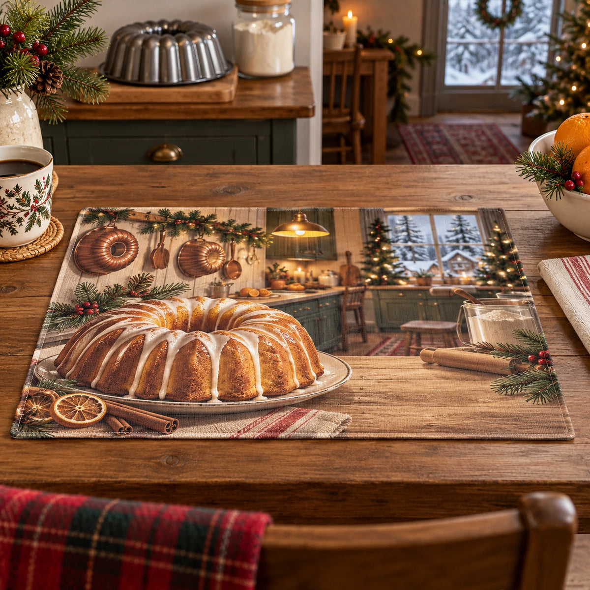 Christmas Bundt Cake Kitchen Placemat with layered printed depth and niche-specific Christmas background
