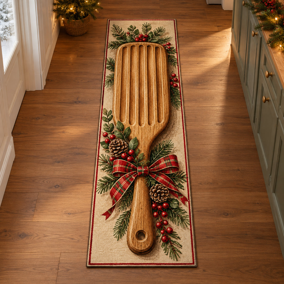 Christmas Butter Paddle Maker Kitchen Gift Runner Rug flat printed mat in matching Christmas setting