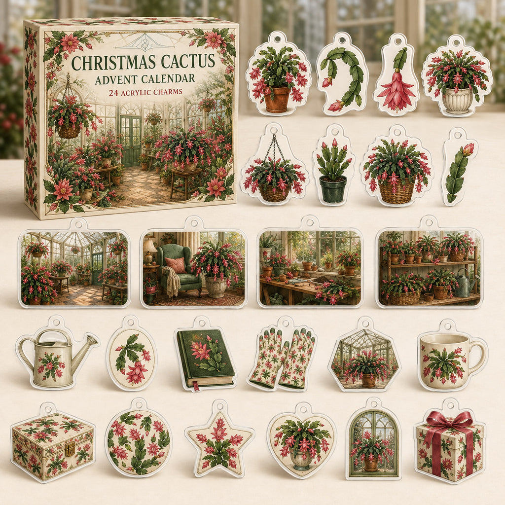 Christmas Cactus advent calendar box and 24 botanical-themed printed acrylic charms