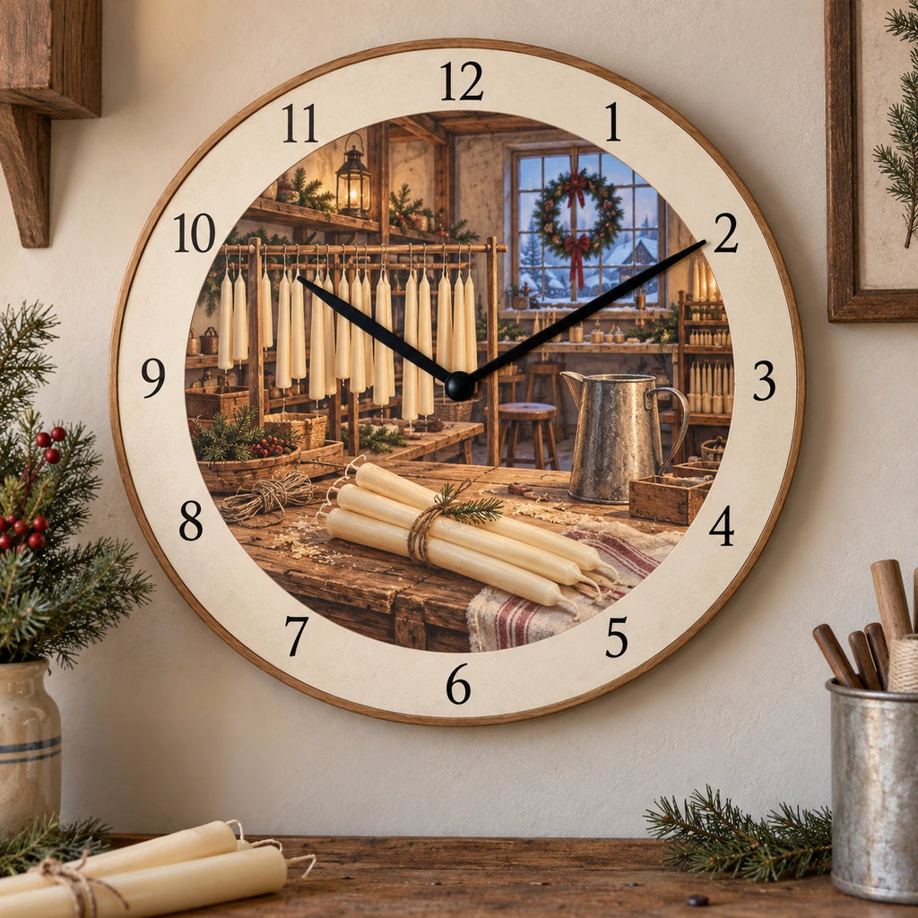 Christmas Candle Studio Wooden Wall Clock with layered printed depth and niche-specific Christmas background