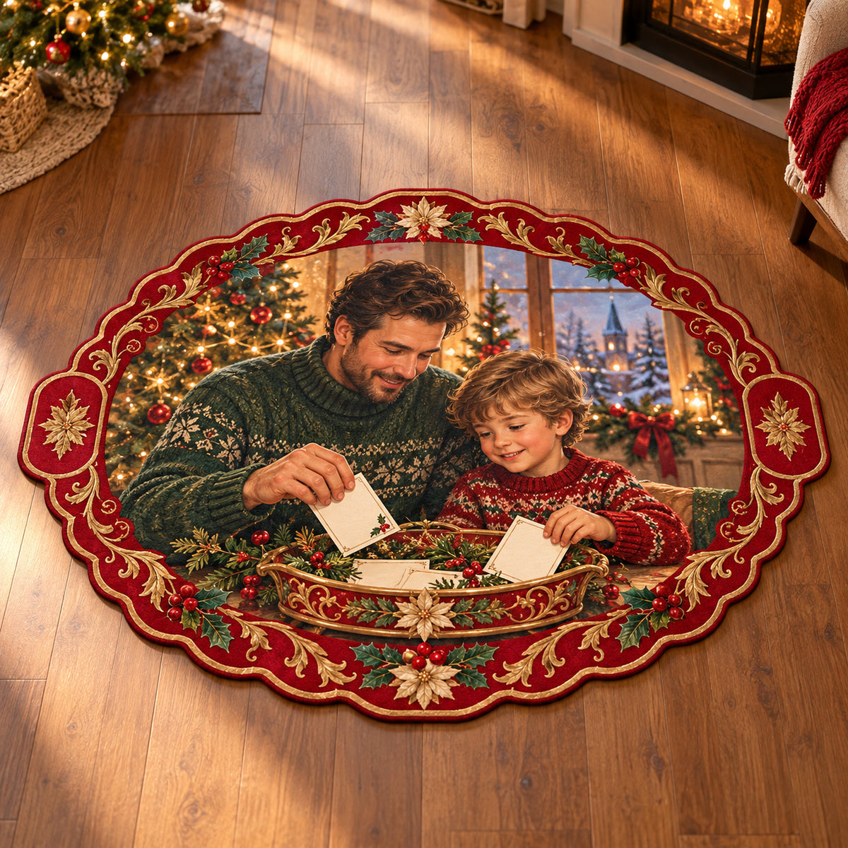 Christmas Card Tray Family Wishes Custom Shape Area Rug flat printed mat in matching Christmas setting