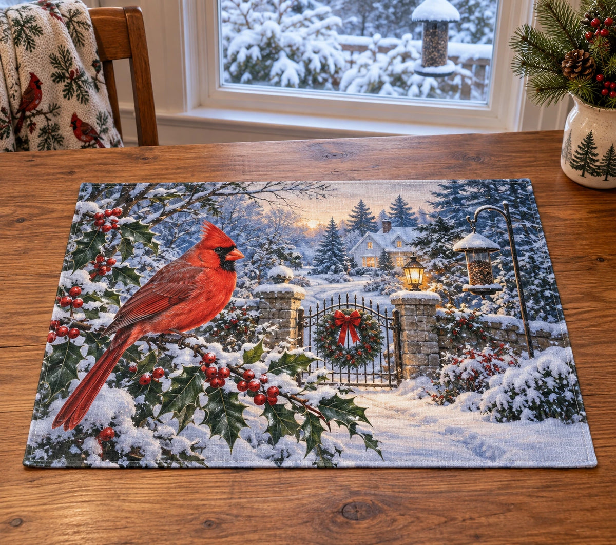 Christmas Cardinal Garden Linen Placemat with layered printed depth and niche-specific Christmas background