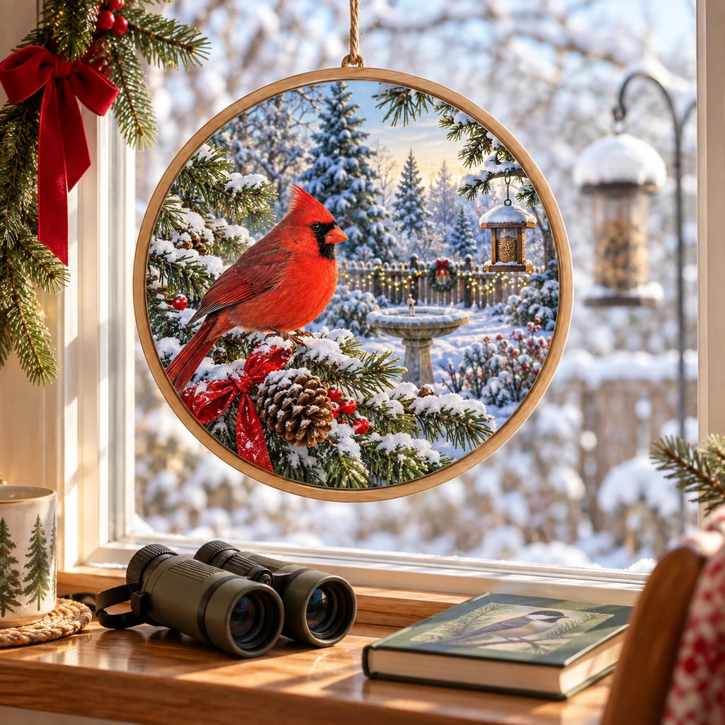 Christmas Cardinal Wood and Acrylic Suncatcher displayed in birdwatcher breakfast-nook window with binoculars, bird guide and outdoor feeder