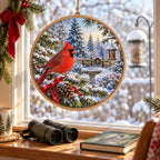 Christmas Cardinal Wood and Acrylic Suncatcher displayed in birdwatcher breakfast-nook window with binoculars, bird guide and outdoor feeder