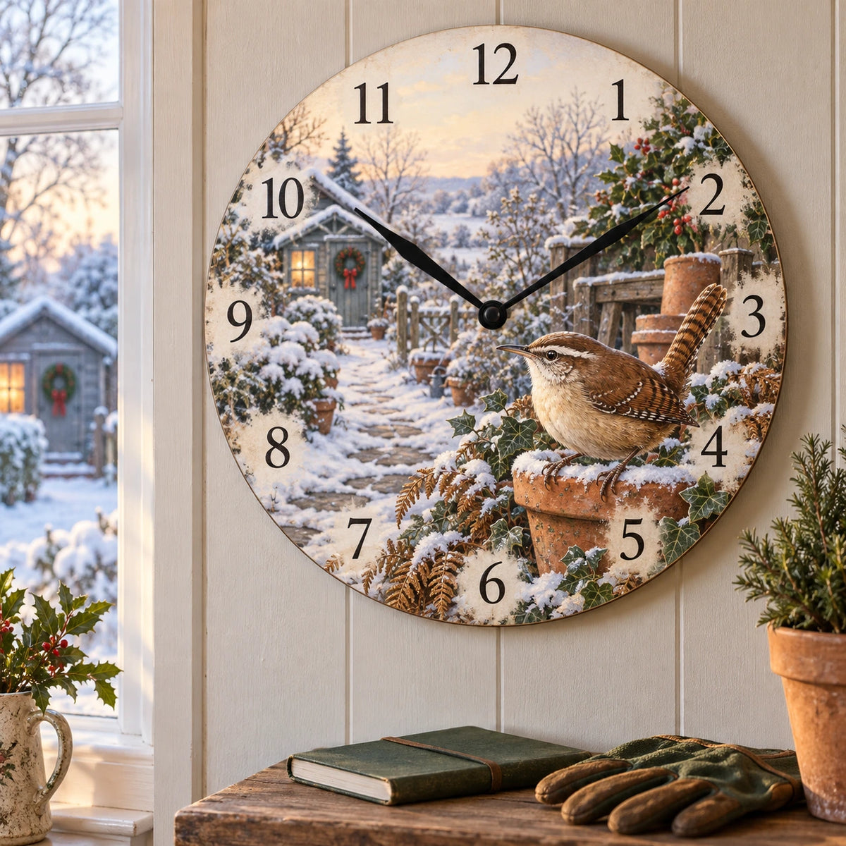 Christmas Carolina Wren Wooden Wall Clock with layered printed depth and niche-specific Christmas background