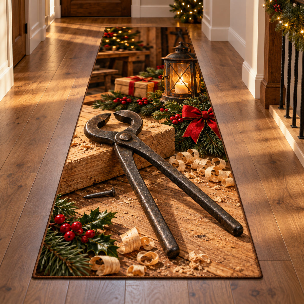 Christmas Carpenters Pincers Family Craft Runner Rug flat printed mat in matching Christmas setting