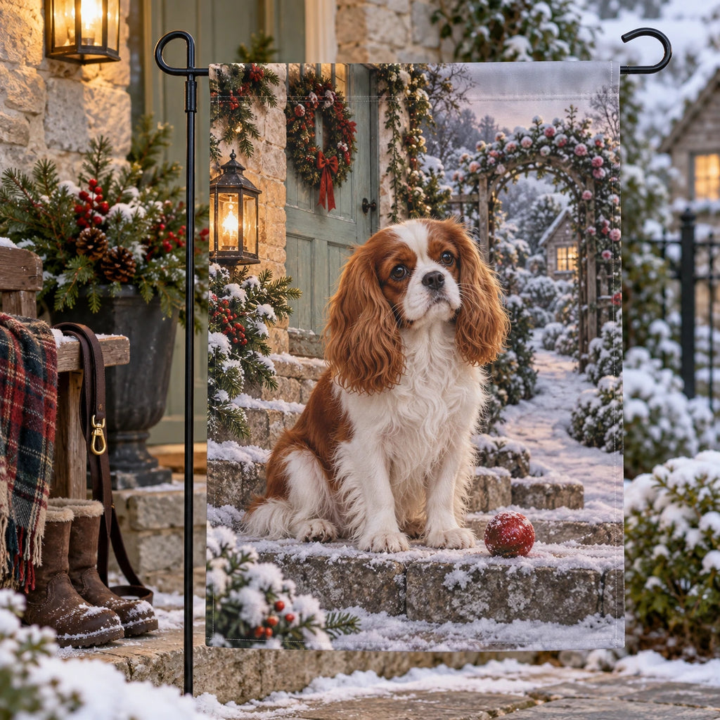 Christmas Cavalier Cottage Steps Garden Flag with layered printed depth and niche-specific Christmas background