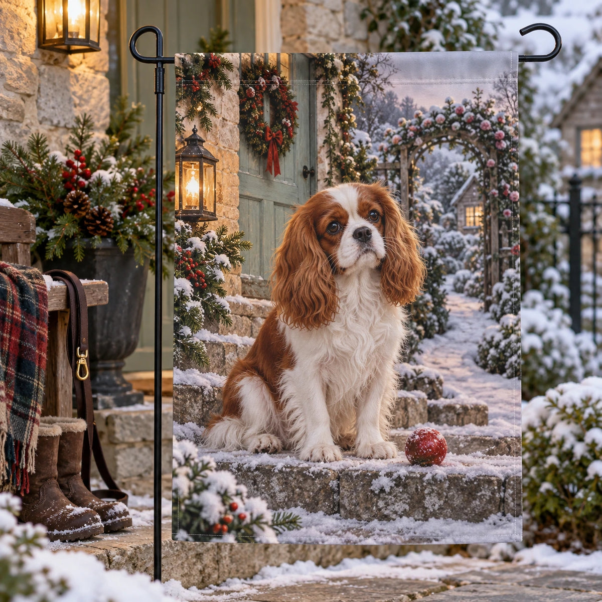 Christmas Cavalier Cottage Steps Garden Flag with layered printed depth and niche-specific Christmas background