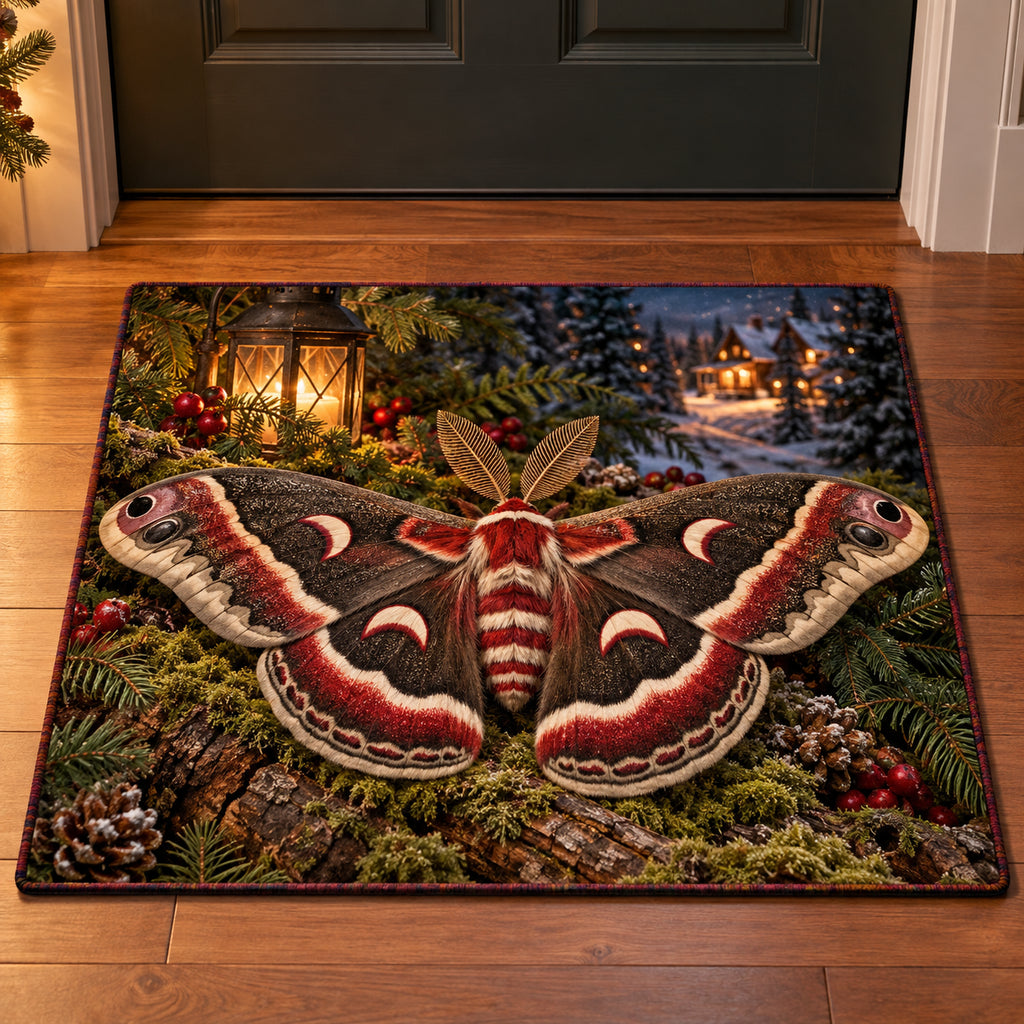 Christmas Cecropia Moth Refuge Doormat flat printed mat in matching Christmas setting