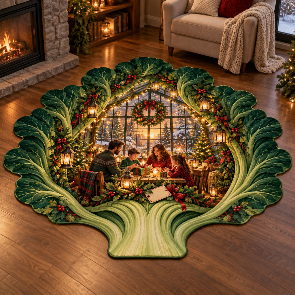 Christmas Celery Garden Gathering Custom Shape Area Rug flat printed mat in matching Christmas setting