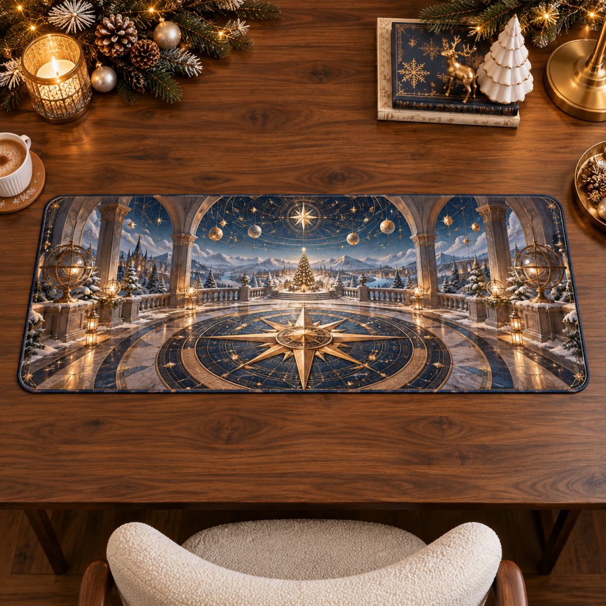 Christmas Celestial Compass Winter Desk Mat flat printed mat in matching Christmas setting