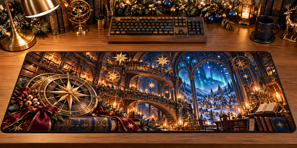 Flat desk mat printed with celestial Christmas library, golden stars and snowy aurora village