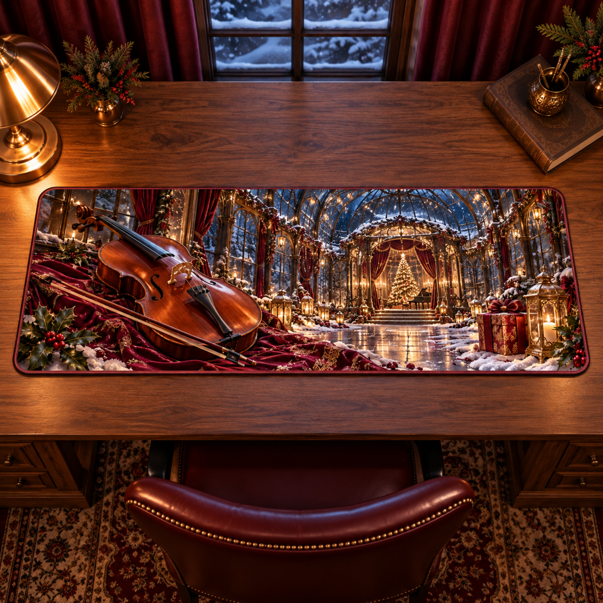 Christmas Cello Snow Pavilion Desk Mat flat printed mat in a matching Christmas room