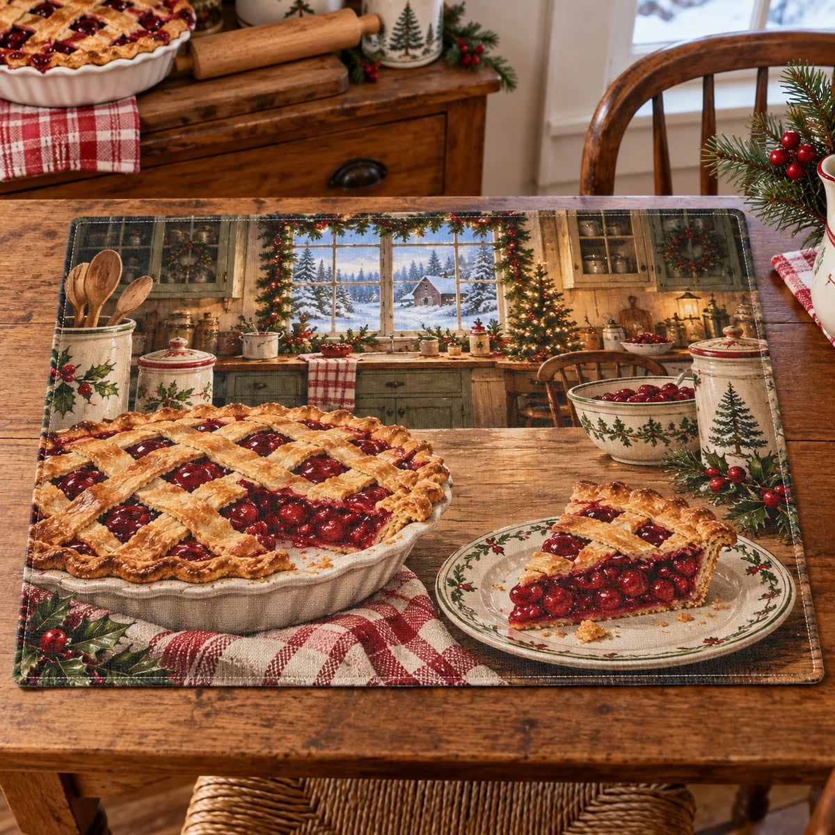 Christmas Cherry Pie Kitchen Placemat with layered printed depth and niche-specific Christmas background