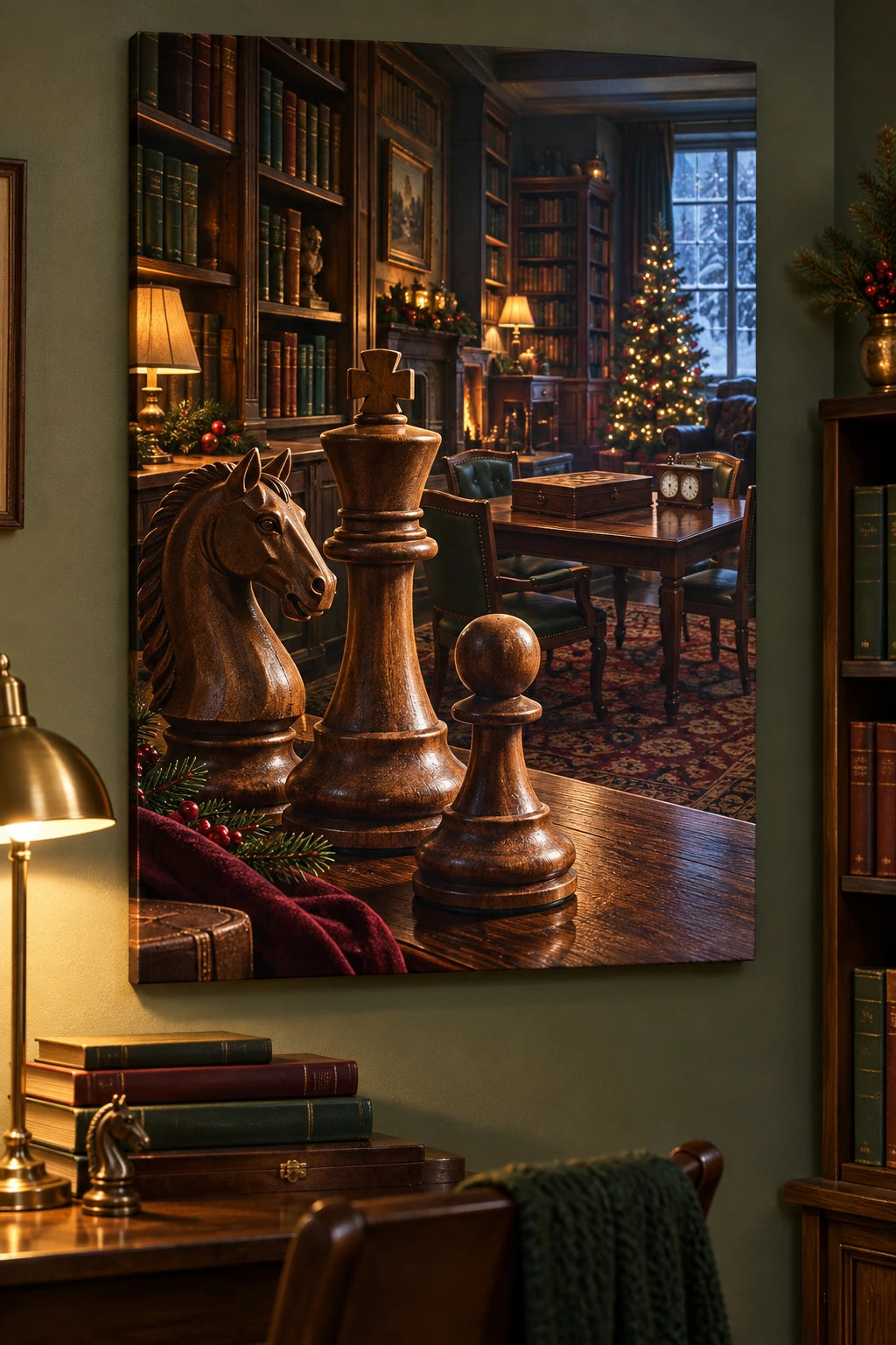 Christmas Chess Room Stretched Canvas Wall Art with layered printed depth and niche-specific Christmas background