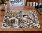 Christmas Chickadee Garden Linen Placemat with layered printed depth and niche-specific Christmas background