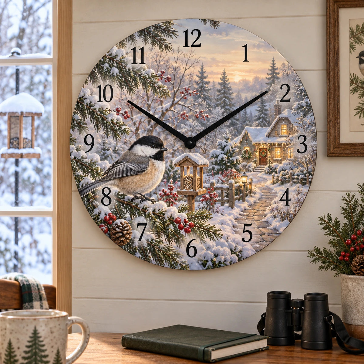 Christmas Chickadee Garden Wooden Wall Clock with layered printed depth and niche-specific Christmas background