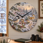 Christmas Chickadee Garden Wooden Wall Clock with layered printed depth and niche-specific Christmas background