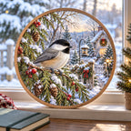 Christmas Chickadee Wood and Acrylic Suncatcher with layered printed depth and niche-specific Christmas background