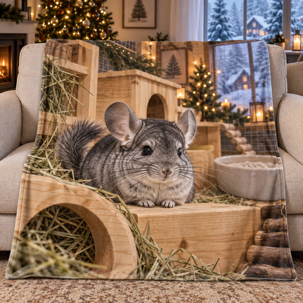 Christmas Chinchilla Fleece Throw Blanket with layered printed depth and niche-specific Christmas background