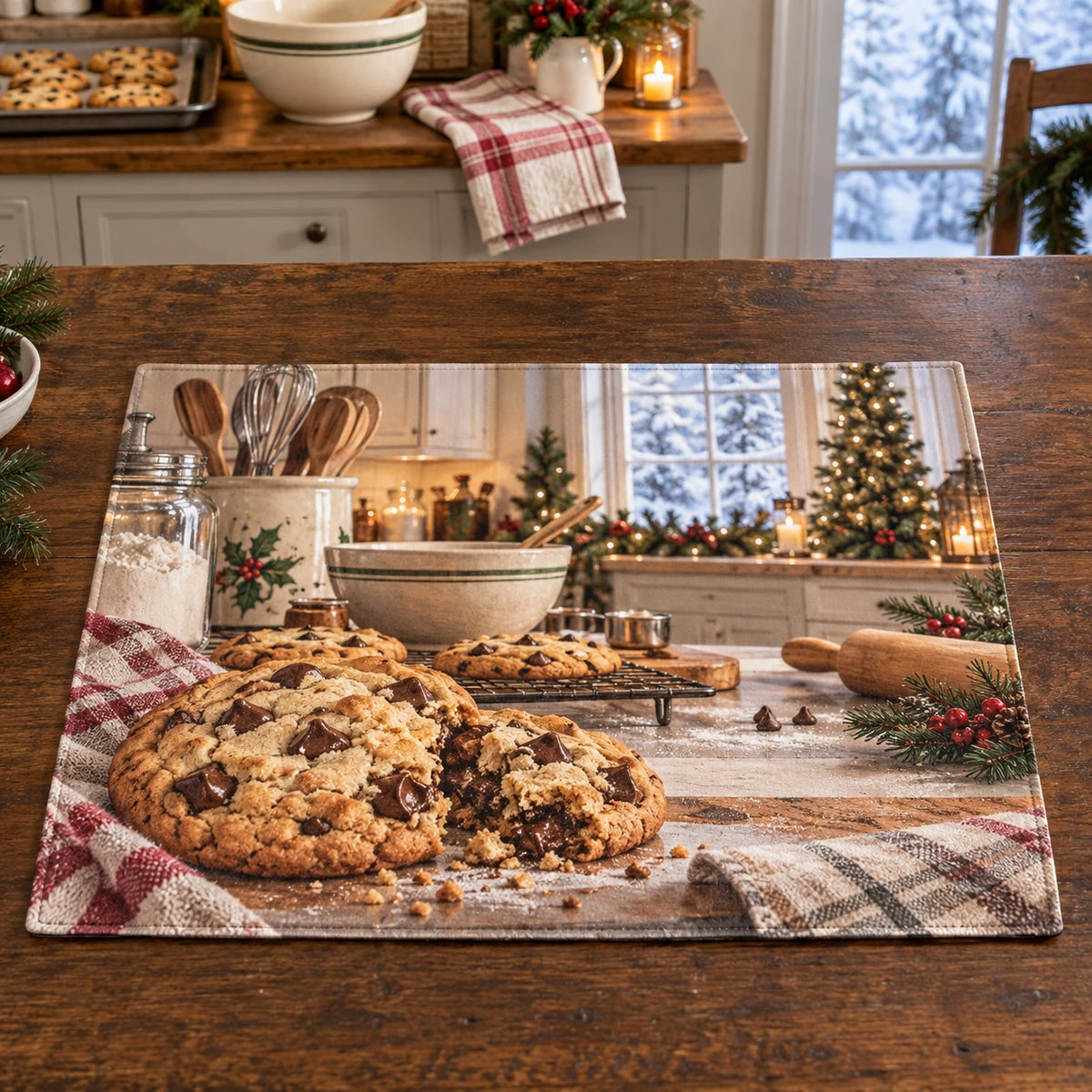 Christmas Chocolate Chip Cookie Kitchen Placemat with layered printed depth and niche-specific Christmas background