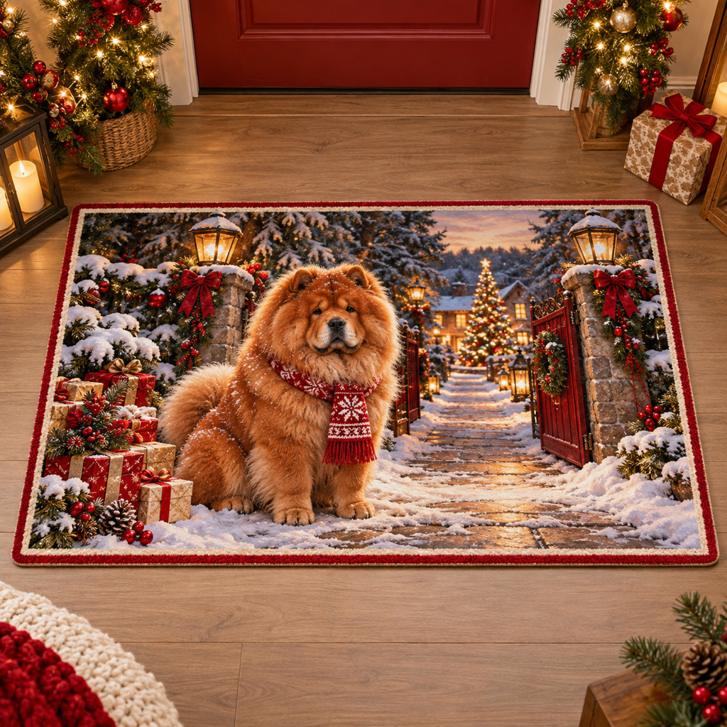 Christmas Chow Chow Ruby Snow Gate Doormat flat printed mat in matching Christmas setting