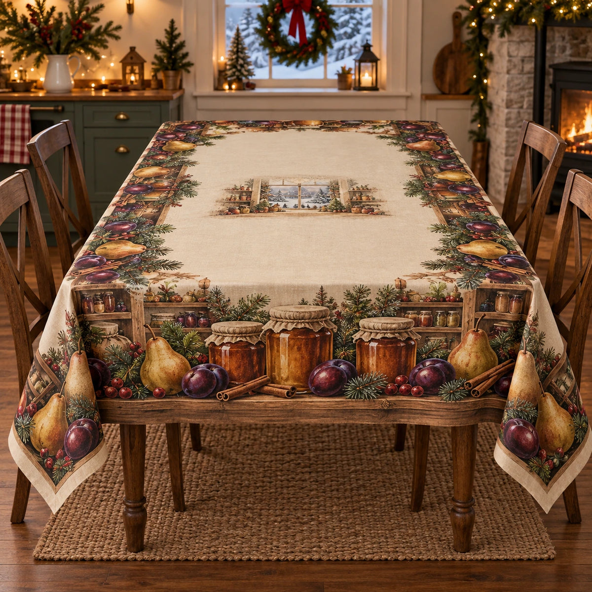 Christmas Chutney Pantry Tablecloth with layered printed depth and niche-specific Christmas background
