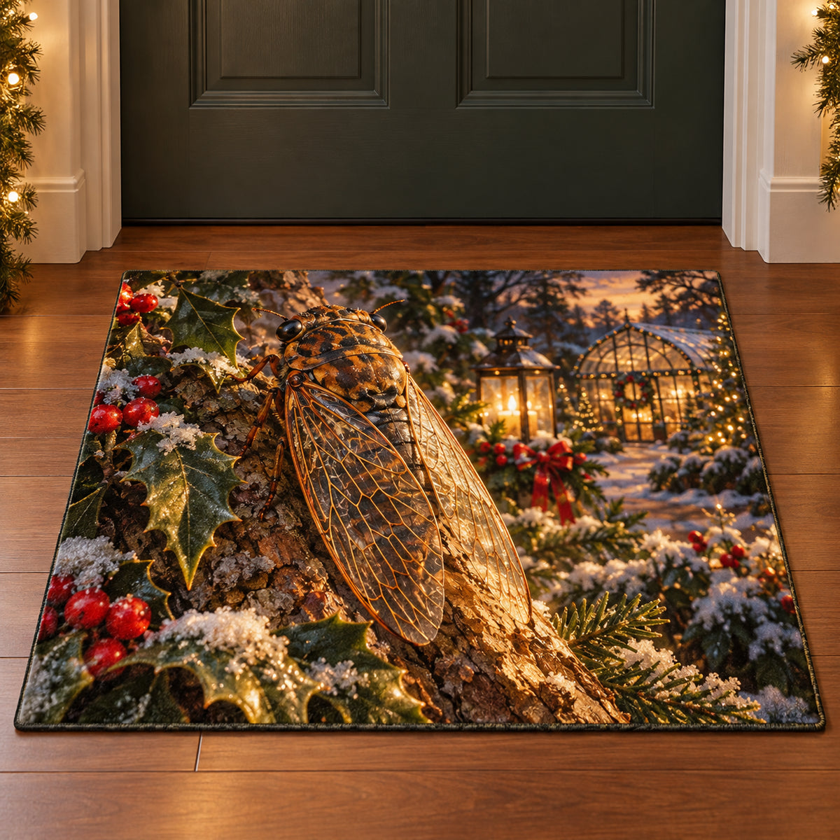 Christmas Cicada Bark Lantern Doormat flat printed mat in matching Christmas setting