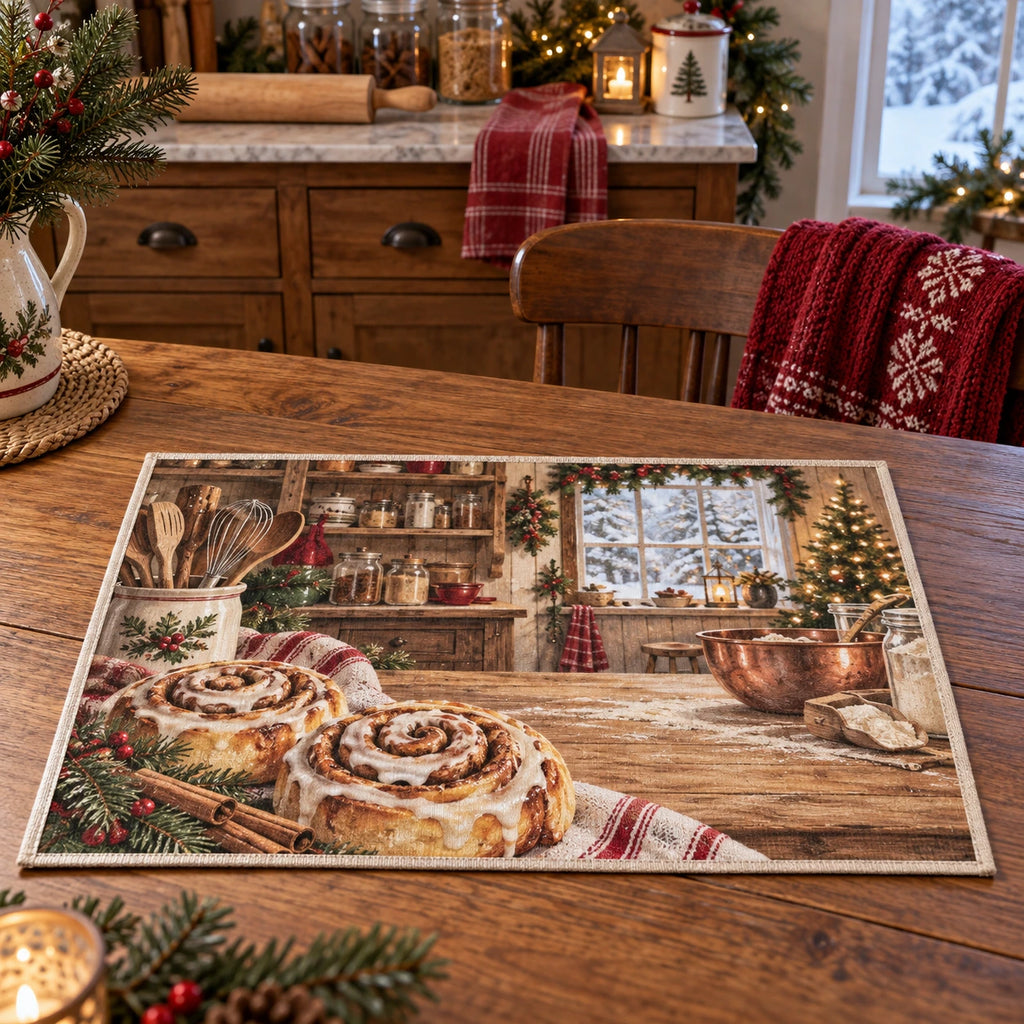 Christmas Cinnamon Roll Kitchen Placemat with layered printed depth and niche-specific Christmas background
